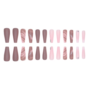 Long ballerina press-on nails set with marble patterns, mauve matte, and pink rhinestones