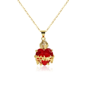 Golden sacred heart necklace with red zircon stone and thorn crown pendant design