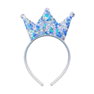 Blue sequin princess crown headband for girls birthday gift accessory on white background