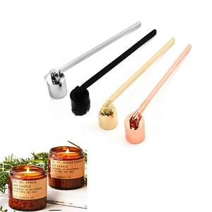 Detail of adjustable stainless steel candle snuffer in four metallic color finishes