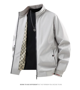 Detail of light gray men's jacket with K-letter print lining and standing collar