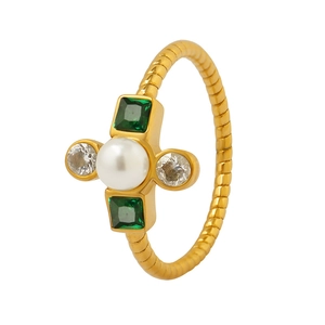 Baroque style ring with pearls and green gemstones on a textured gold band