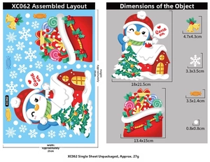 Christmas window stickers size guide featuring penguin house and gift bag decals