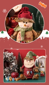 Close-up of Merry Christmas embroidered burlap Santa and Snowman holiday gift bags