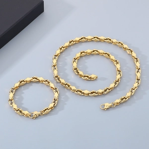 18k gold plated stainless steel curb chain necklace and bracelet set for men