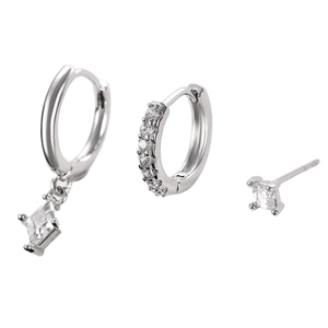 Detailed set of silver rhodium-plated earrings with rhombus zircon pendant and studs