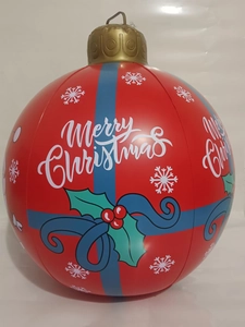 Detail of red 60cm inflatable Christmas ball with LED lights and winter holly patterns