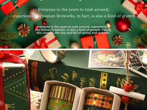 Close-up of Christmas washi tape set with gold foil patterns and vintage gift packaging