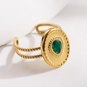 18K gold plated titanium steel ring with green pear-shaped stone and white shell inlay
