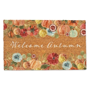 Autumn themed welcome rug with pumpkins and leaves pattern on rectangle doormat