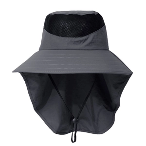 Detail of dark grey sun hat featuring breathable mesh top and long neck protection flap