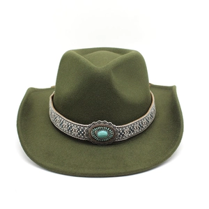 Detail of army green felt cowboy hat featuring ethnic embroidery and turquoise stone buckle