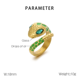 Detailed specs of gold snake ring with green glass eye and 18mm stainless steel band