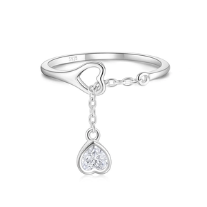 Detailed view of S925 sterling silver ring featuring a dangling heart charm and zircon stone
