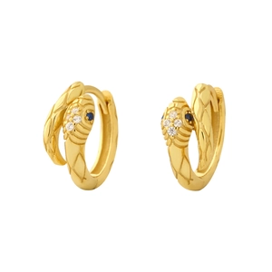 Golden snake hoop earrings with zircons and blue eyes on a clean white background