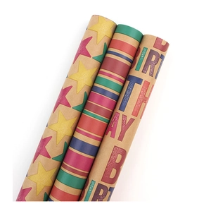 Detail of Happy Birthday kraft wrapping paper rolls with colorful stars and stripes