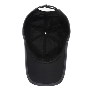 Adjustable black quick-dry baseball cap with internal stitching and six-panel structure