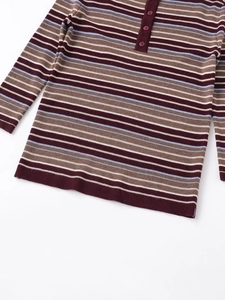 Detail of multi-color striped rib knit polo shirt with burgundy and beige stripes