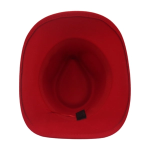 Close-up of red felt western cowboy hat interior showing inner crown and black care label