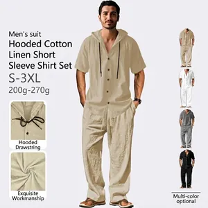 Chemise À Capuche Et Pantalon En Coton Lin Pour Hommes Tenues Décontractées Manches Longues Style Vacances Plage