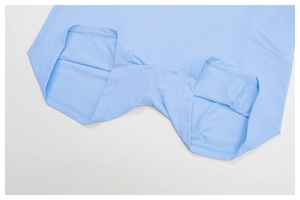 Close-up of breathable light blue mesh fabric with neat stitching for athletic skirts