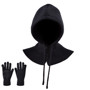Winter black knitted balaclava with drawstring button closure and anti-slip gloves set