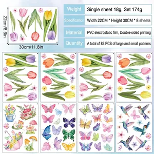 Double-sided spring window clings with watercolor tulips and hummingbird patterns