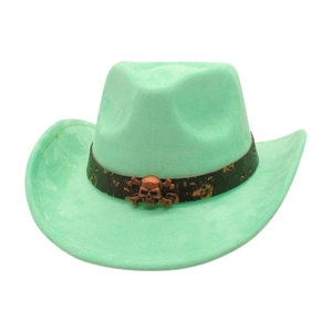 Mint green western cowboy hat with brown leather band and bronze skull ornament decoration