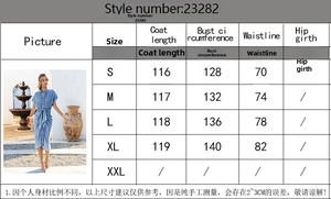 Size chart for the denim shirt dress showing measurements for S to XL sizes