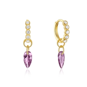Macro view of gold S925 silver earrings with purple teardrop zircon and starburst details