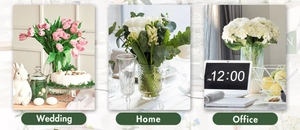 Detailed views of faux tulips and hydrangeas in glass vases for home and office decor