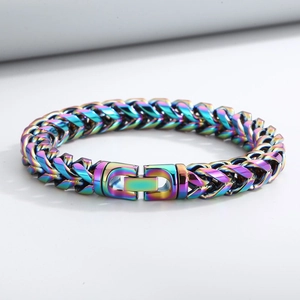 Detail of rainbow-colored stainless steel keel chain bracelet with glossy finish