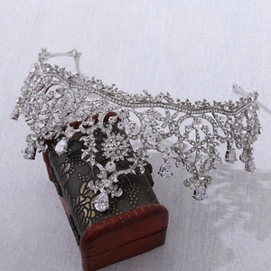 Detailed close-up of Baroque silver bridal crown with AAA zircon and pear-cut crystals