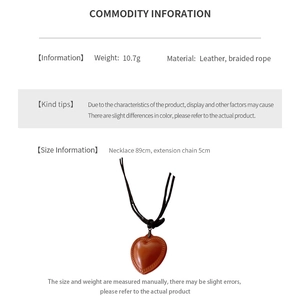 Detail view showing dimensions of heart leather pendant on black woven cord necklace
