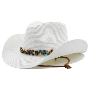 Close-up of white woven cowboy straw hat with colorful beads and adjustable chin strap
