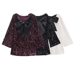 Sparkly sequin girls party dress with large bow in burgundy, black and white colors