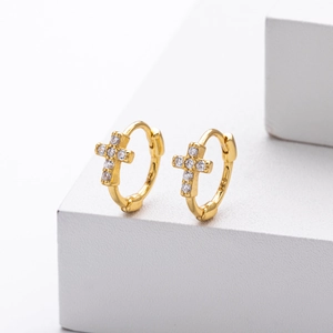 Elegant gold S925 sterling silver hoop earrings with zircon-encrusted cross charms