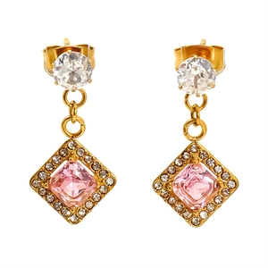 Elegant gold earrings with square pink zircon crystals and diamond accents on white background