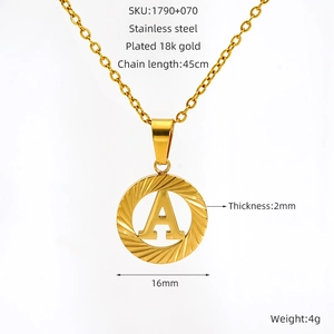 Detail showing 18K gold plated stainless steel letter A pendant with measurement labels