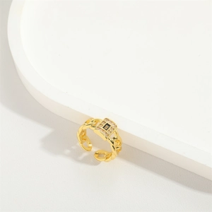 Adjustable gold plated cuban chain ring with black enamel S letter and zircon setting