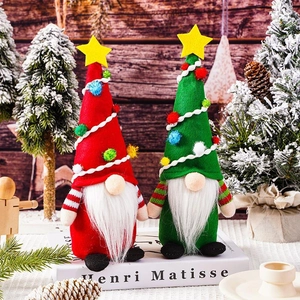 Charming red and green Christmas gnomes with striped arms on a festive snow-themed background