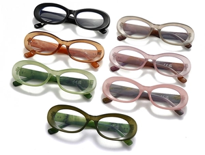 Collage showing seven trendy retro oval sunglasses in various colors on white background