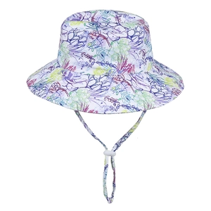 Detail of floral print sun hat with adjustable windproof drawstring and white plastic buckle