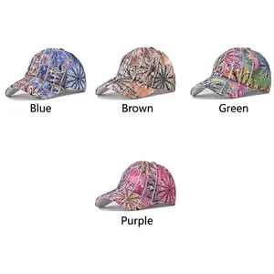 Floral baseball caps with rhinestone star patterns in blue, brown, green, and purple