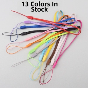 Detail showing 13 colors of nylon wrist lanyards for phones and water bottles