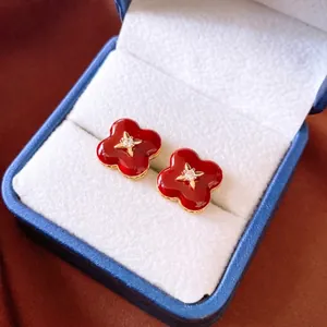 Vintage Red Flower Stud Earrings With Silver Earring Post Copper Enamel Zircon Four Leaf Clover Elegant Jewelry For Women