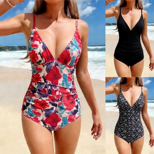 Maillot De Bain Une Pièce Femme Polyester Spandex Col En V Profond Contrôle Du Ventre Froncé Bretelles Fleurs Pour Plage