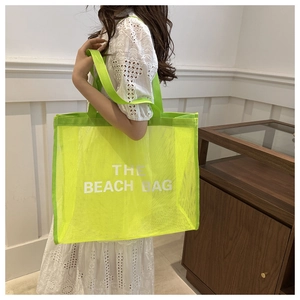 Fluorescent mesh tote with THE BEACH BAG print, large capacity summer beach shoulder bag