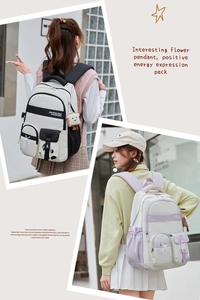 Close-up of stylish high school backpack with toast pendant and flower detail charms