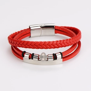 Close-up of red braided leather layers and silver stainless steel magnetic clasp with cross motif